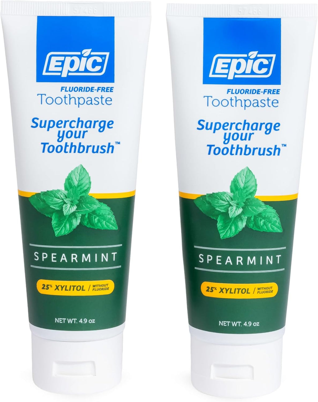 Epic Xylitol Toothpaste for Adults - Fluoride-Free Toothpaste with 25% Xylitol - SLS-Free Formula for Dry Mouth & Fresh Breath - Spearmint, 4.9oz (2-Pack)
