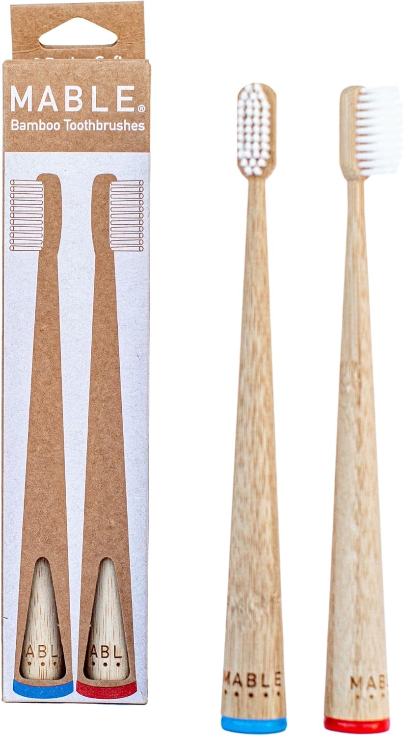 MABLE Bamboo Toothbrush for Adults – Soft Bristle, Compostable Wooden Toothbrushes, Available in 2 Pack and 4 Pack (Soft Bristles (Pack of 2)