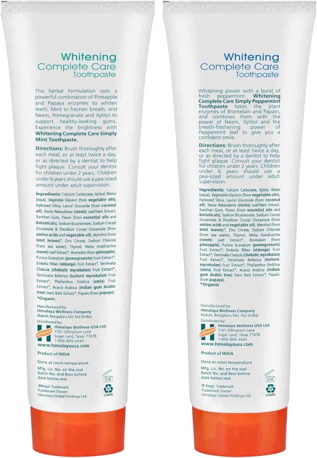Himalaya Botanique Whitening Complete Care Toothpaste, Mint and Peppermint Flavors - Whitening Toothpaste Without Fluoride for Brighter Teeth & Fresh Breath - Vegan, Gluten Free, 5.29 oz (Pack of 2)