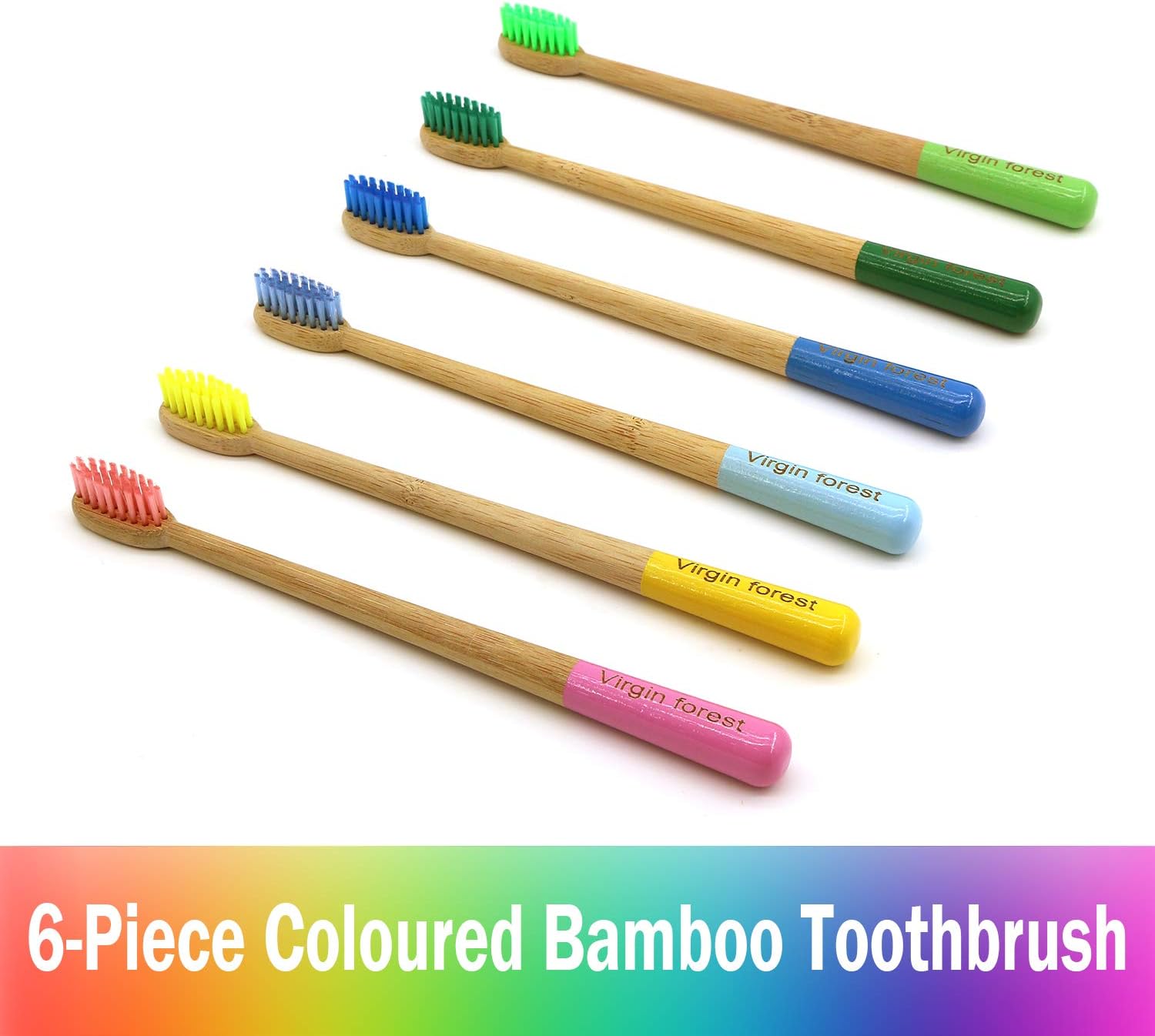 Virgin Forest Bamboo Toothbrush, Natural Eco Friendly Biodegradable Wood Toothbrushes, Vegan Organic Charcoal Tooth Brush, Pack of 6