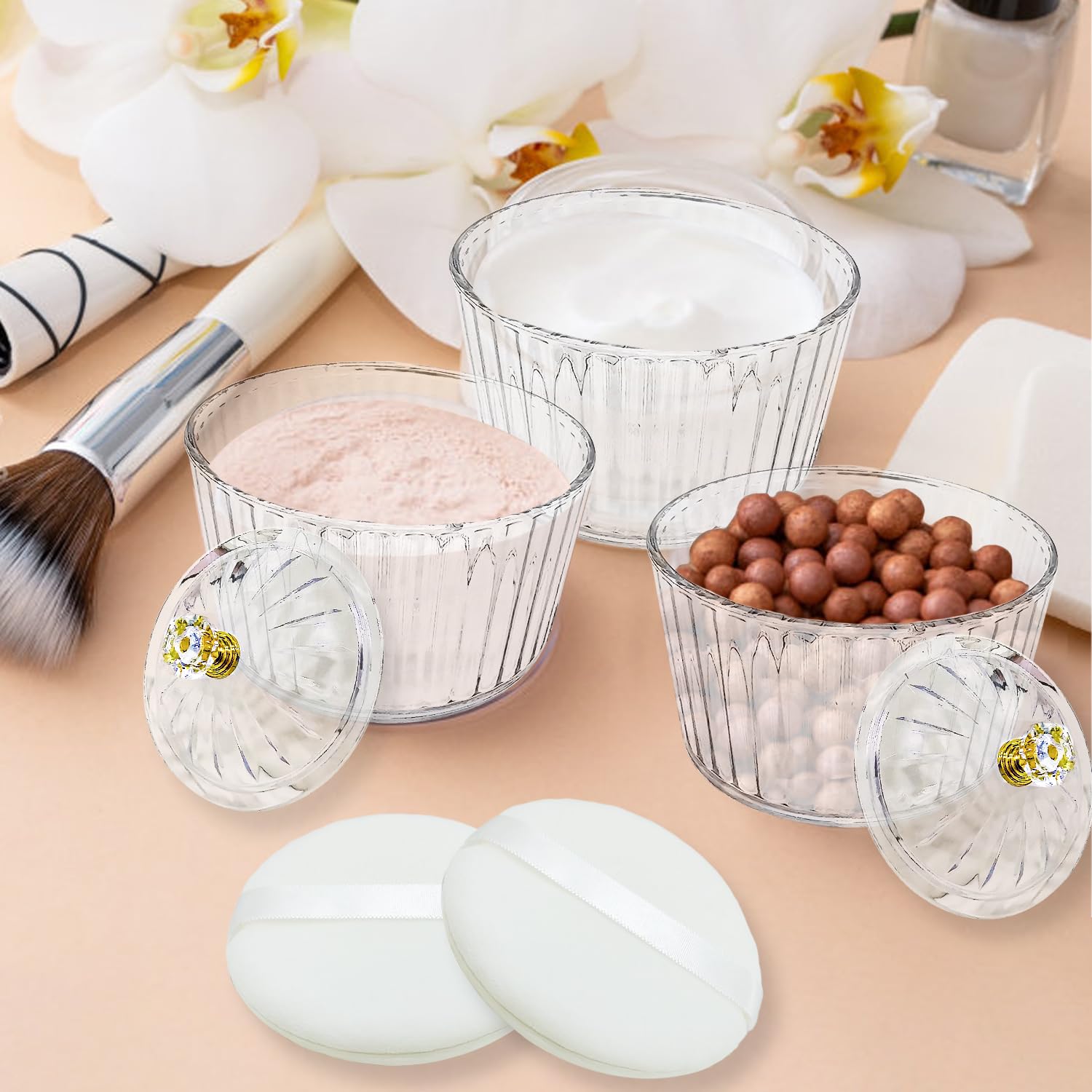 3 Pcs Body Face Plastic Powder Puff and Container Dish Fluffy Soft Large Powder Puff for Women(Roman jar Shape)