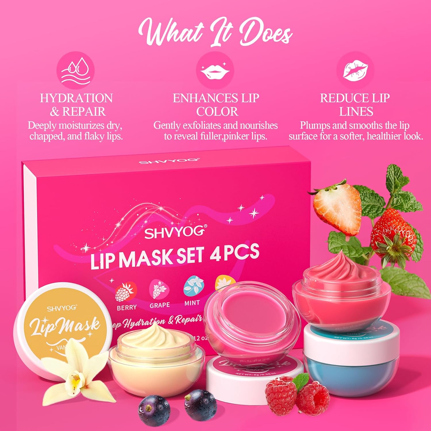 4 Pack Lip Mask Set, Hydrating Lip Mask Overnight - Berry, Grape, Mint, Vanilla Flavors, Lip Sleeping Mask Nourish Lip Balm with Vitamin C & Shea Butter | Dry Lips Care