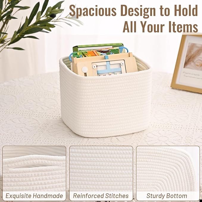 3 Pack Cube Storage Bin, 9”x9”x7” Cotton Rope Woven Baskets for Organizing Toys Clothes Towels, Square Gift Storage Baskets for Shelf, Nursery, Closet, Bathroom, Pantry (White)
