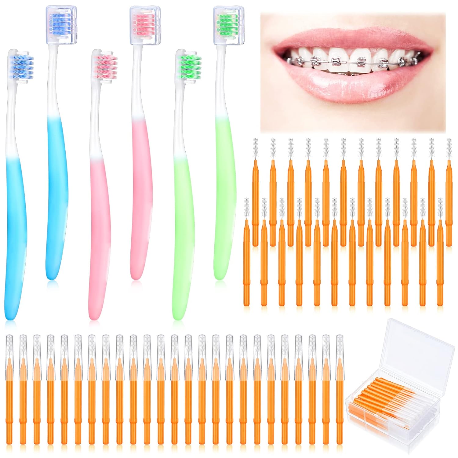 6 Pieces V Shaped Orthodontic Toothbrush for Brace with Brush Head 40 Pieces Interdental Brush Soft Bristle Braces Brushes for Cleaning Portable Toothbrushes for Braces(Medium,Orange)