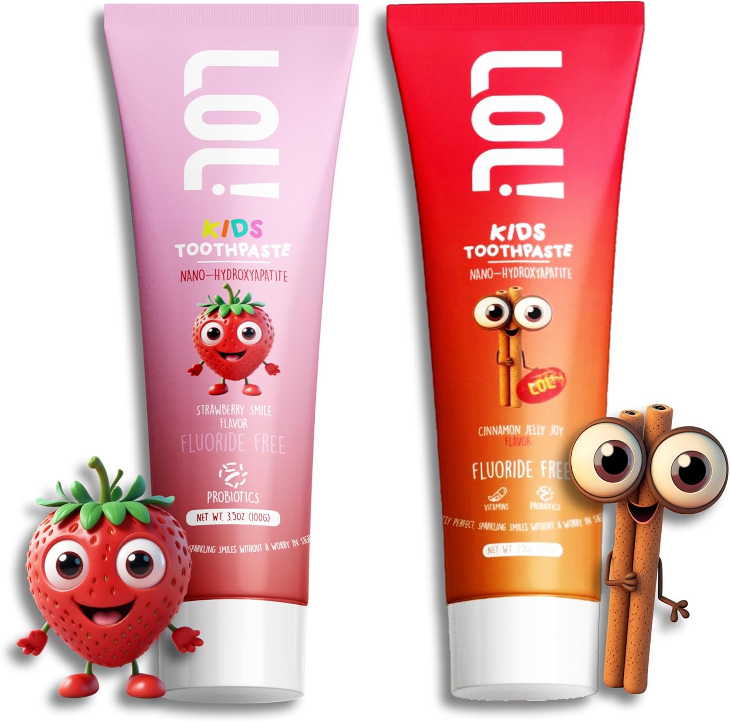 LOL Kids Toothpaste | Fluoride Free 2-Flavors Pack | Nano Hydroxyapatite Toothpaste, Probiotics, Vitamins A, C, E | Safe if Swallowed, No SLS | 1 Strawberry, 1 Cinnamon
