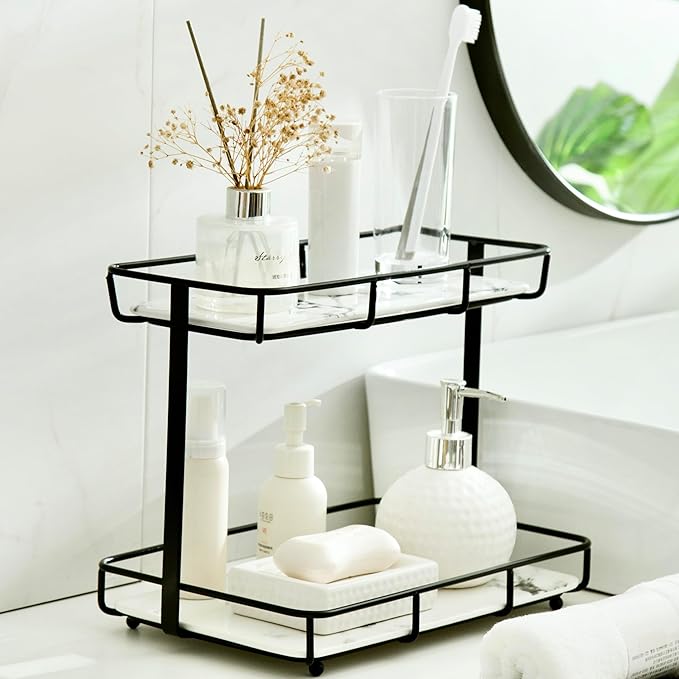Bathroom Organizer Countertop Perfume Organizer Makeup Organizer Cosmetics Storage Display Rack Vanity Tray Dresser Stainless Steel Gold Shelf White Marble Ceramic Tray (2 Tier L-Black)
