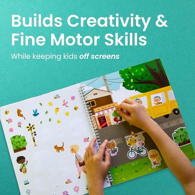 CUPKIN Sticker Book for Kids 2-4, 500+ Kids Stickers, Let's Go to School 12 Coloring Pages 12 Side by Side Scenes, Fun Toddler Travel Activity Coloring and Sticker Books for Ages 4-8 + 8-10