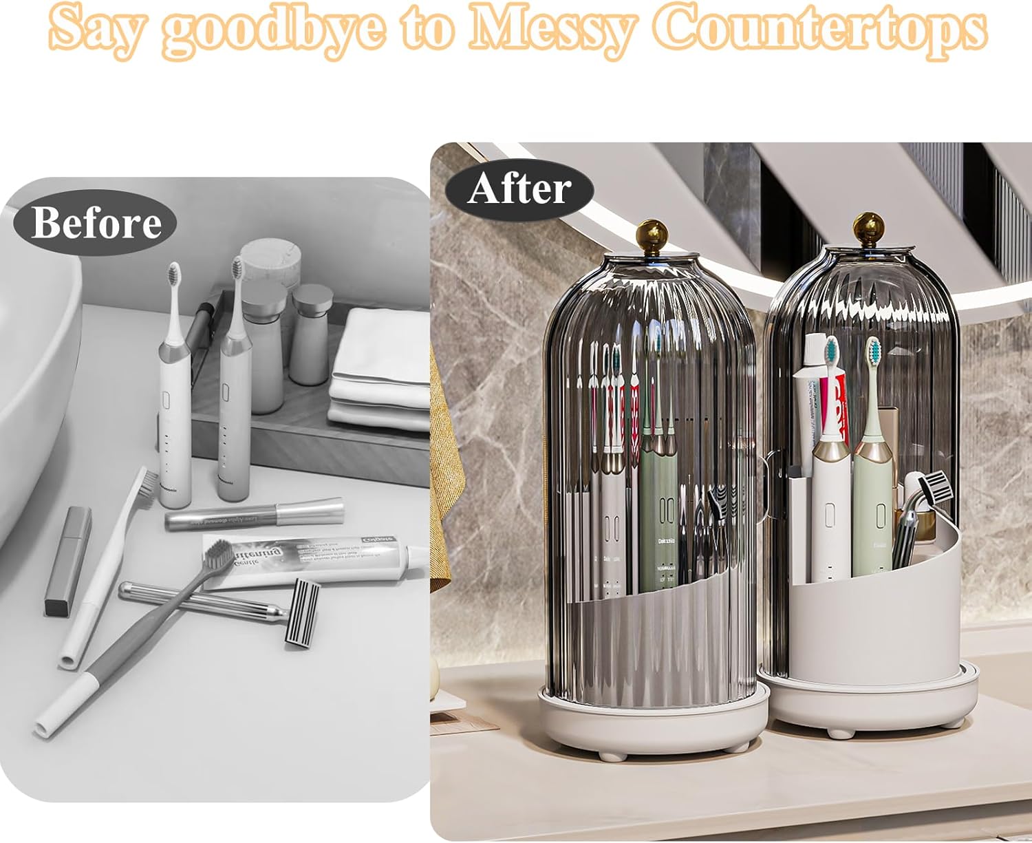 Toothbrush Holders with Cover, Drainage Rotating Electric Toothbrush Organizer, 3 Slots Tooth Brush Holder for Bathroom Counter, Grey White