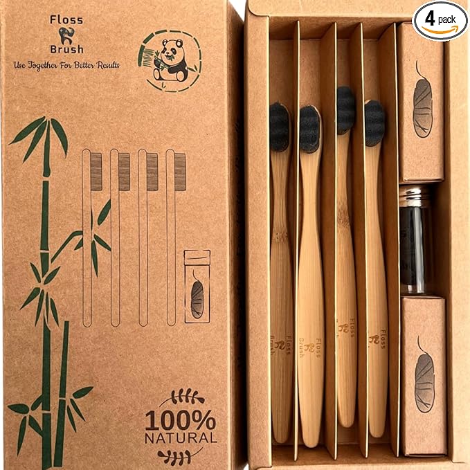 Eco-Friendly Bamboo Extra Soft Toothbrush for Adults, 20,000 Ultra Soft Bristles for Sensitive Gums, Nano Manual Toothbrush with Natural Floss Included, Pack of 4.