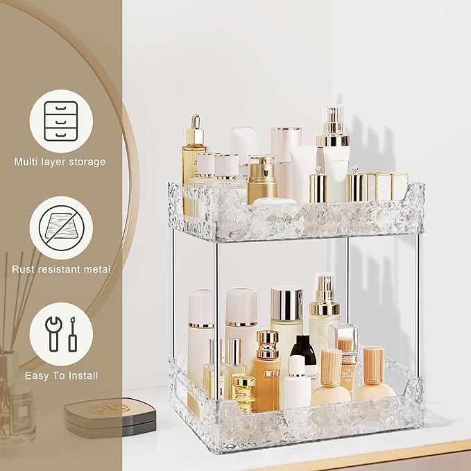 2-Tier Bathroom Counter Organizer Countertop Storage, Dresser Organizer Vanity Tray for Makeup, Perfume Organizer Cosmetics Skincare Shelf - Clear