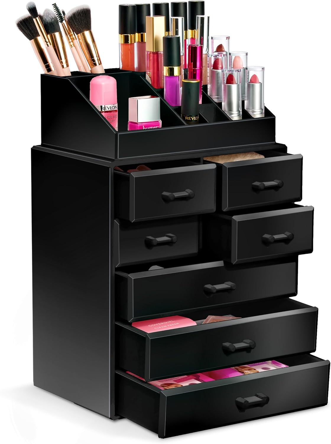Sorbus Makeup Organizer, Brush Holder and Make Up Storage Drawers - Acrylic Makeup organizer for vanity, Bathroom - Cosmetic Display Cases with 3 large, 4 Small Drawers & 1 Tray for Makeup Brush