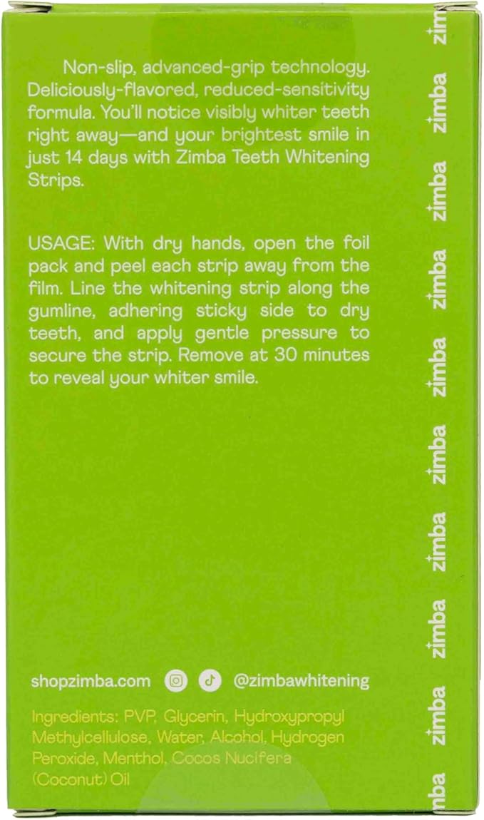 Zimba Coconut Flavored Teeth Whitening Strips | Vegan, Enamel Safe Hydrogen Peroxide Teeth Whitener for Coffee, Wine, Tobacco, and Other Stains | 14 Day Treatment | Coconut