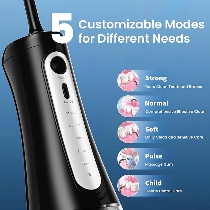 Cordless Water Flosser for Teeth, U-Shaped Flossing 360° Deep Clean, 5 Modes 7 Jet Tips for Adult & Child, Portable Rechargeable Dental Flosser Pick for Braces, Travel, 350ML Large Tank