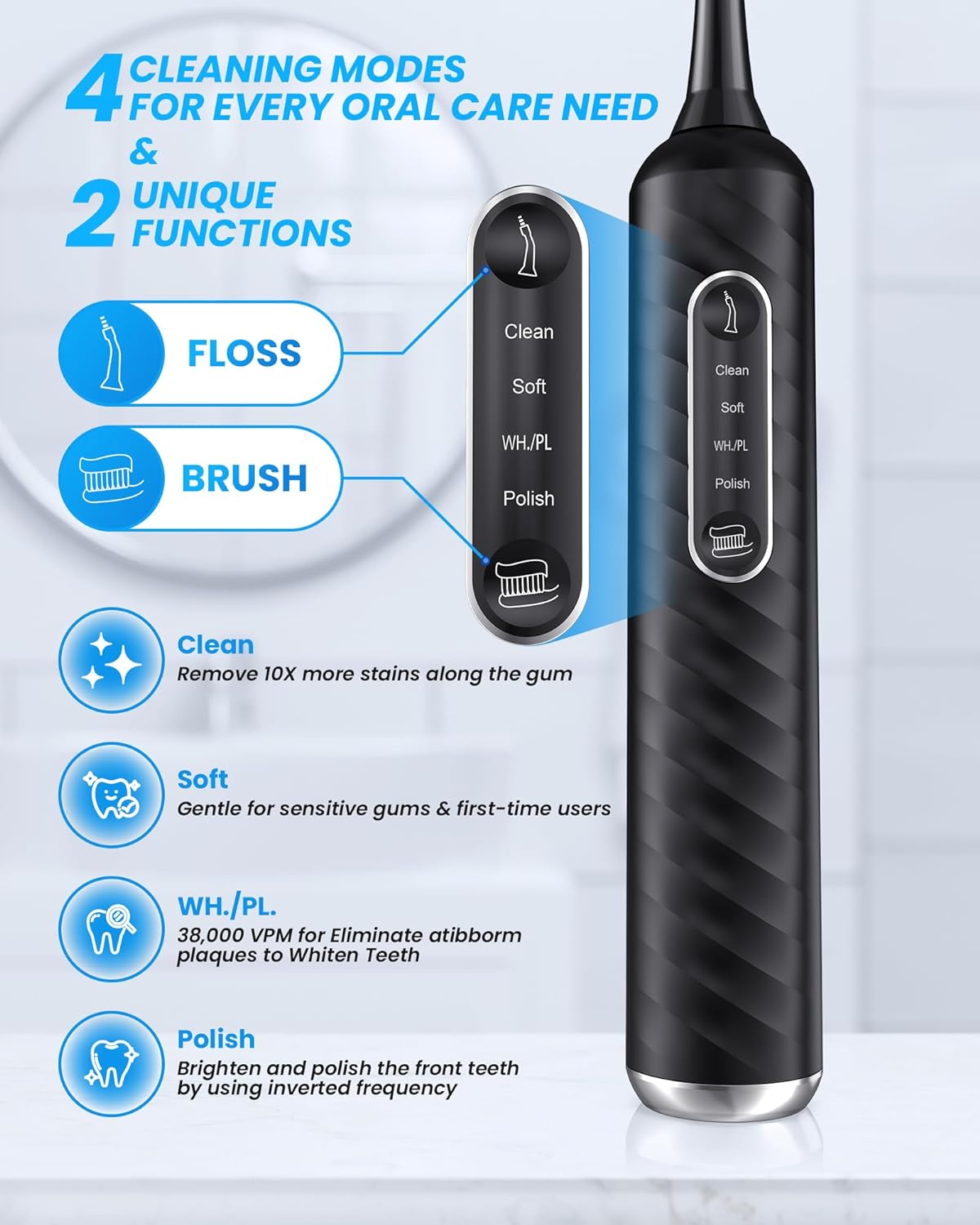 Electric Toothbrush with Water flosser, 3 in 1 Teeth Cleaning Kit with 7 Modes, Electric Toothbrush and flosser Combofor Adults, Water Flosser Portable for Travel and Home (Black)