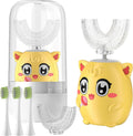 Kids Electric U Shaped Toothbrush Children Rechargeable Sonic Toothbrush with 6 Soft Brush Head Automatic Full Mouth 6 Cleaning Modes - (Age 8-15 Yellow)
