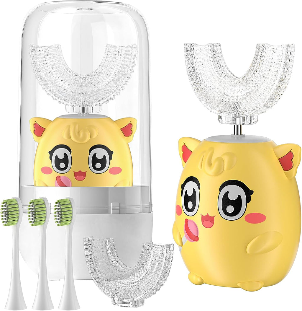 Kids Electric U Shaped Toothbrush Children Rechargeable Sonic Toothbrush with 6 Soft Brush Head Automatic Full Mouth 6 Cleaning Modes - (Age 2-7 Yellow)