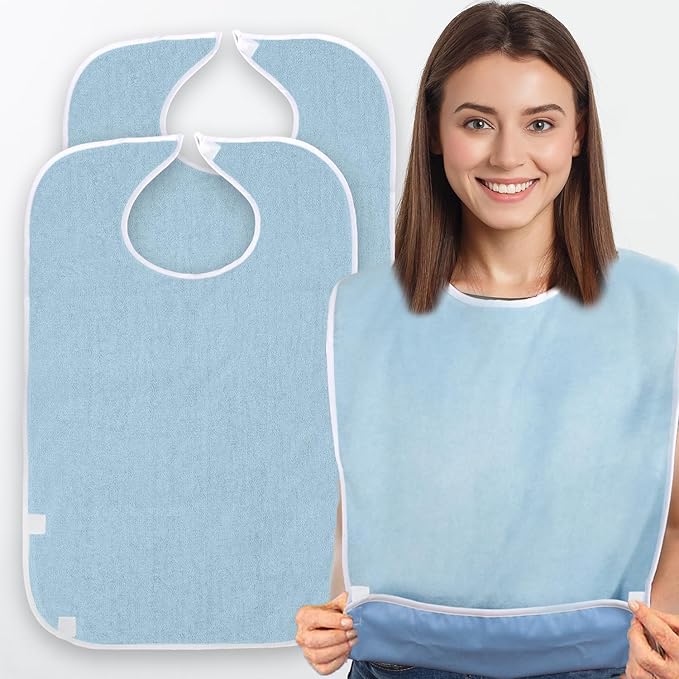 3 Pack Terry Cloth Bibs for Adults, Seniors, Special Needs, and Hospice or Personal Care with Built-In Crumb Catcher and Clothing Protector, Washable and Reusable