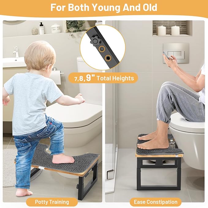 Bamboo Toilet Stool Foldable, 7 in, 8 in Or 9 in Adjustable Heights Squat Stool Potty for Adults Kids,Poop Step Stool with Extra Soft Microfiber Rug, Improve Bathroom Posture and Comfort