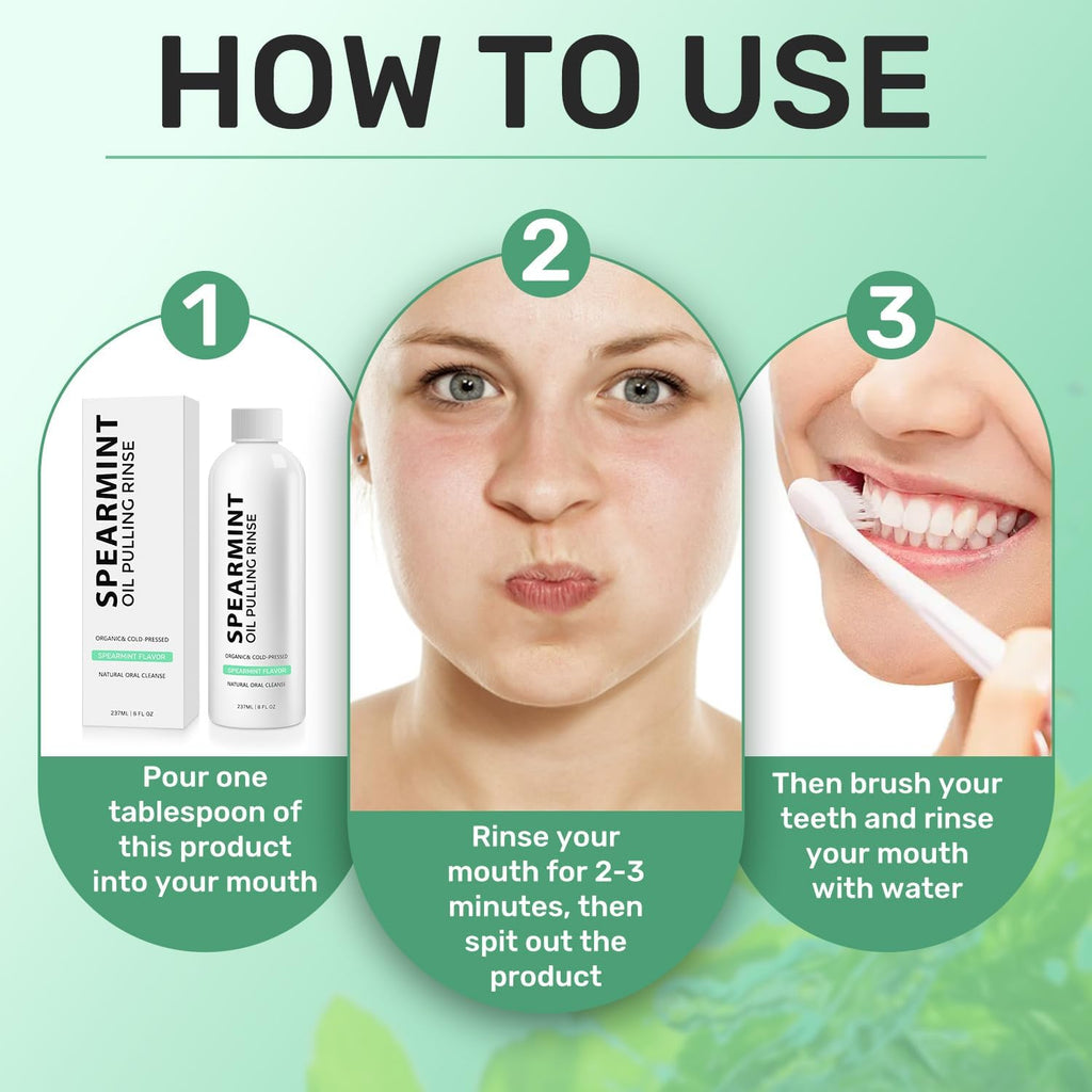 Spearmint White Oils Pulling Rinse-Natural Mouthwash with Organic Cold-Pressed Coconut Oil，White Oil Pulling Rinse for Teeth and Gums，Fresh Breath & Oral Care（2pc）