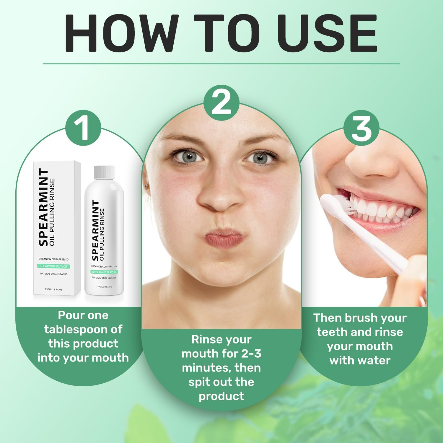 Spearmint White Oils Pulling Rinse-Natural Mouthwash with Organic Cold-Pressed Coconut Oil，White Oil Pulling Rinse for Teeth and Gums，Fresh Breath & Oral Care（2pc）