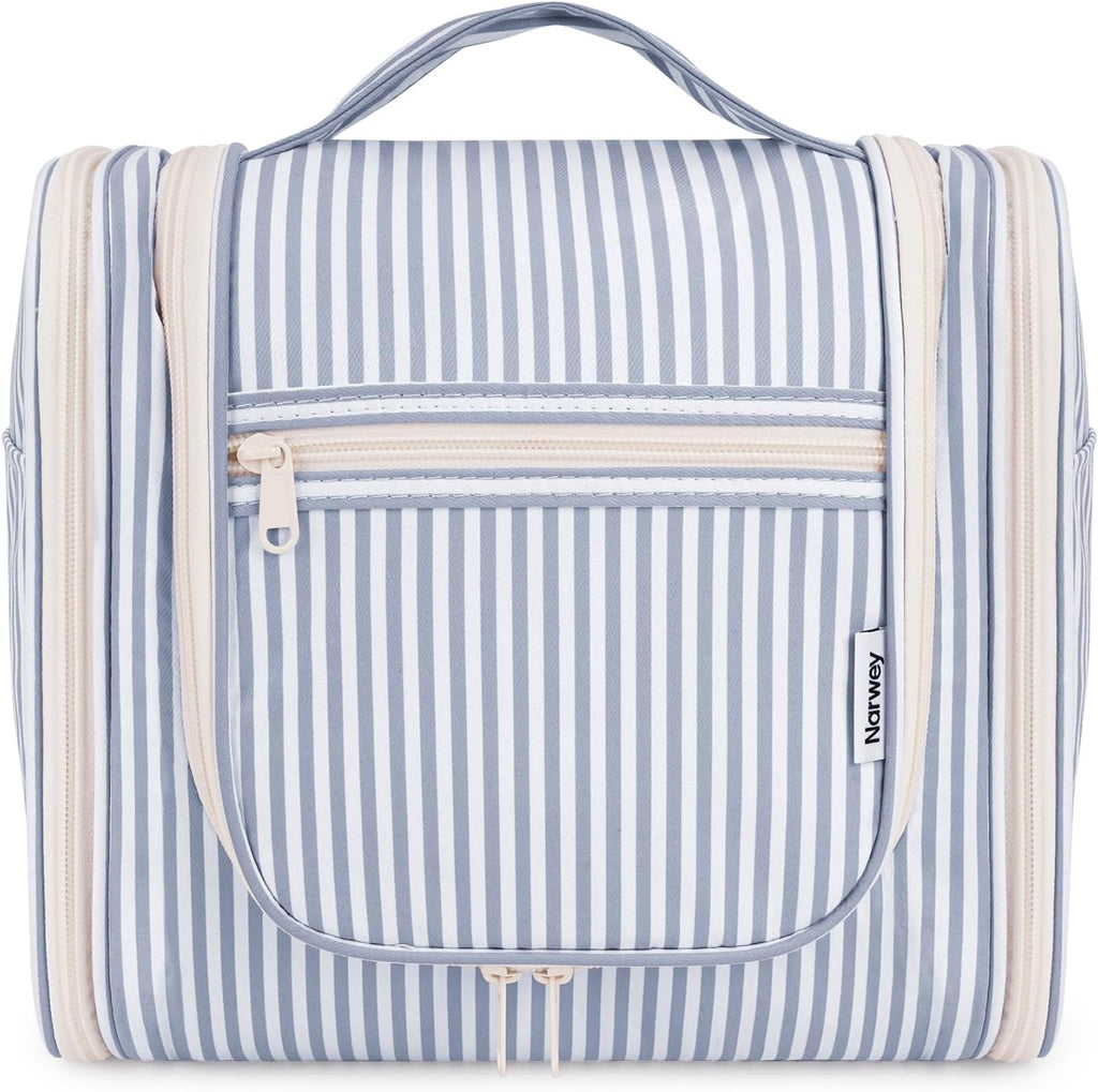Narwey Striped Hanging Travel Toiletry Bag for Women, Travel Bag for Toiletries, Makeup Bag Organizer Cosmetic Bags Make Up Bags for Women (Greyish Blue Stripe)
