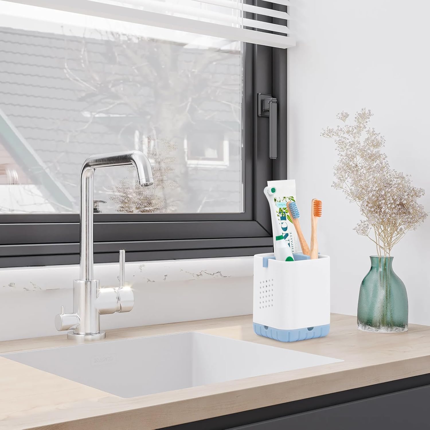 Boperzi Toothbrush and Razor Holder for Bathrooms - Countertop Organizer With Drainage, Anti-Slip Kids Toothpaste Caddy for Electric Toothbrush, Shower, Vanity - Blue