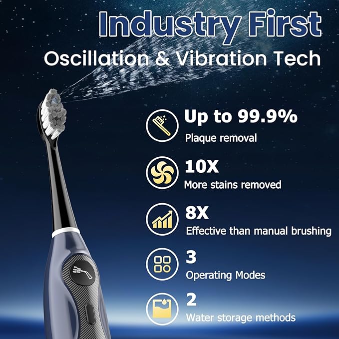 3-in-1 Flossing Toothbrush-Flosses, Vibrates and Oscillates, Electric Toothbrush with Water Flosser Equipe 5 Brush Heads, Plaque Removal for Sensitivity, Braces-Blue