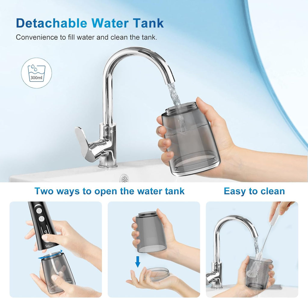 Water Dental Flosser Oral irrigator,JNGOODS 300ml Rechargeable Water flosser for Teeth IPX7 Waterproof 9 Modes Portable Oral Irrigator. LED Display with 4 Jet Tips, Travel Home use (Black)