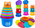 17 PCs Multicolor Nesting and Stacking Cups Set, Baby Bathtub Toys, Early Learning Educational Toys for Infants, Toddlers, Stacking Cups with The Numbers, Shapes, Fruits, Animals Patten