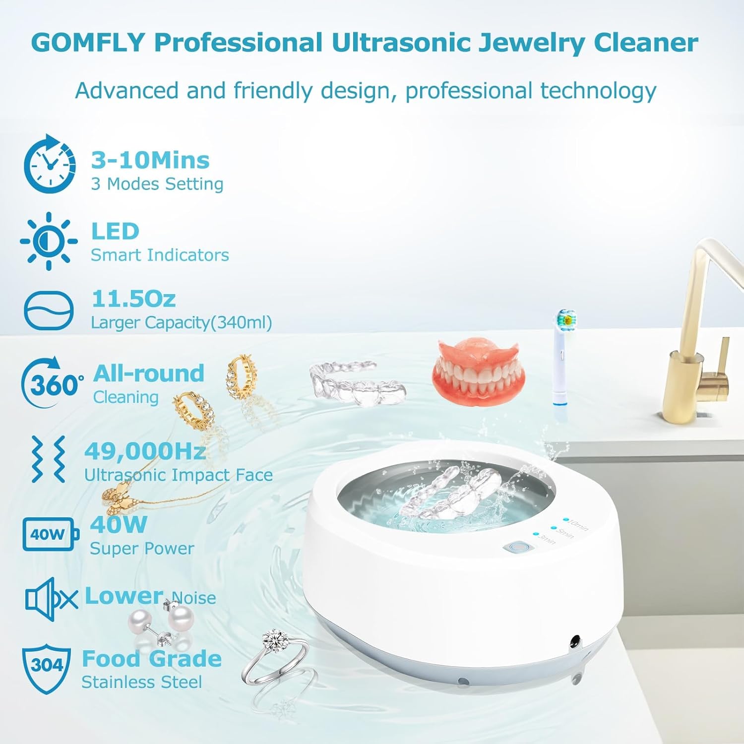 Ultrasonic Jewelry Cleaner, 49kHz Mini Ultrasonic Retainer Cleaner Machine for Earrings, Jewelry, Dentures, Aligner, Night Guards, Mouth Guard- 304 Stainless Steel, 3 Cleaning Modes