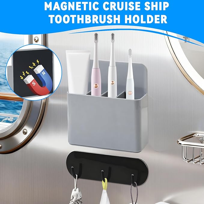 Magnetic Toothbrush Holder with Hook Rack for Cruise Ships, Grey Wall Mounted Detachable Grid Toothbrush Organizer with Magnetic Hooks, Cruise Bathroom Essentials Travel Accessories