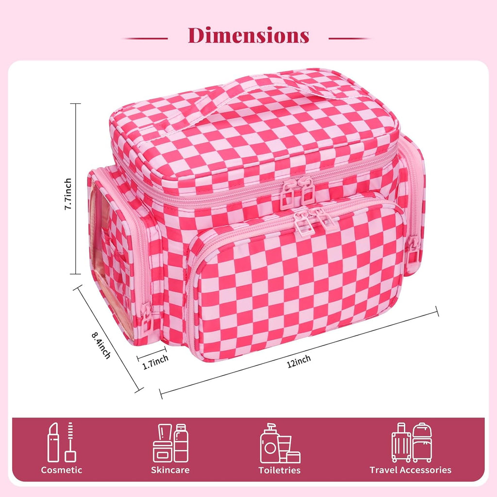 Large Checkered Makeup Bag, Travel Makeup Bag Organizer for Women Girls with Makeup Brush Compartment & Two Side Pockets, Cosmetic Travel Bag Vertical Storage Toiletry Bag- Hotpink