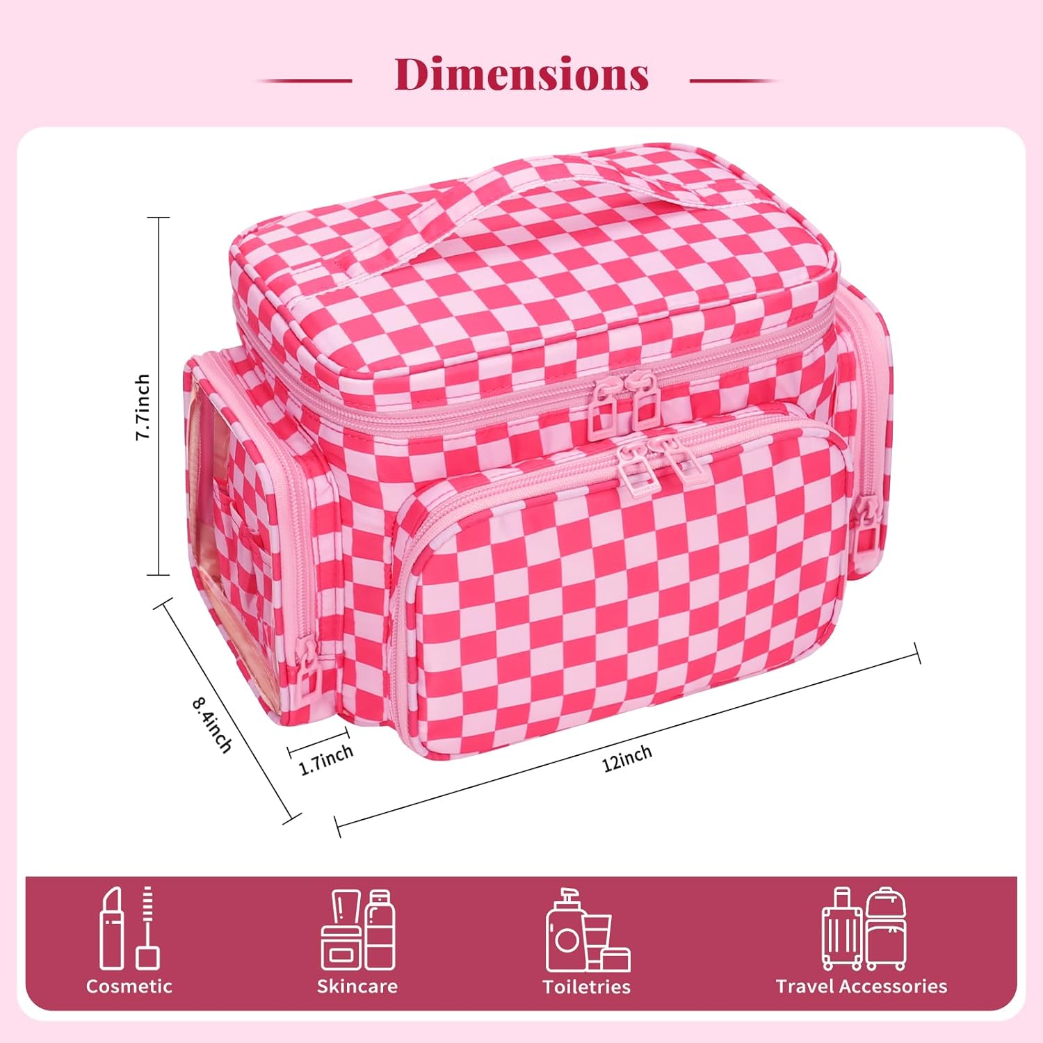 Large Checkered Makeup Bag, Travel Makeup Bag Organizer for Women Girls with Makeup Brush Compartment & Two Side Pockets, Cosmetic Travel Bag Vertical Storage Toiletry Bag- Hotpink