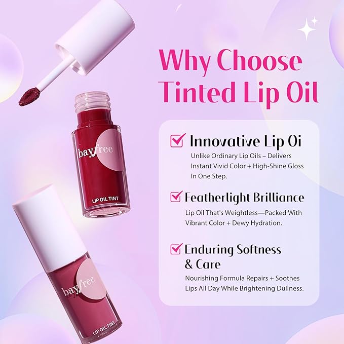 bayfree Tinted Lip Oil Stain Set, Hydrating High Shine Lip Gloss Set, Long-Lasting Bright Color Lipgloss for Dull Lips, Weightless & Non-Sticky, Vegan Korean Makeup, Crystal Finish