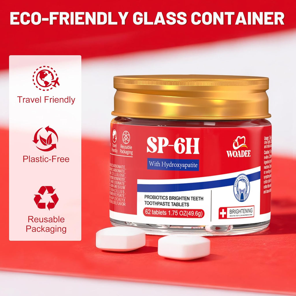 SP-6 Probiotics & Hydroxyapatite Toothpaste Tablets - Remineralizing Enamel Repair, Fluoride-Free Whitening, Mint Fresh Travel Tabs (62 Count)