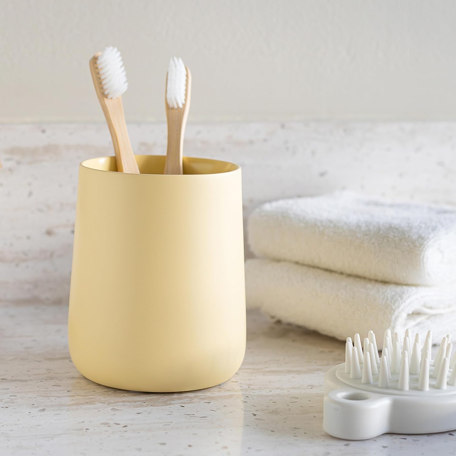 Matte Yellow Cream Toothbrush and Toothpaste Holder and Cup for Bathroom Vanity and Countertop, Round Organizer for Electric Toothbrushes, Floss, Razors, Cotton, and Mouthwash