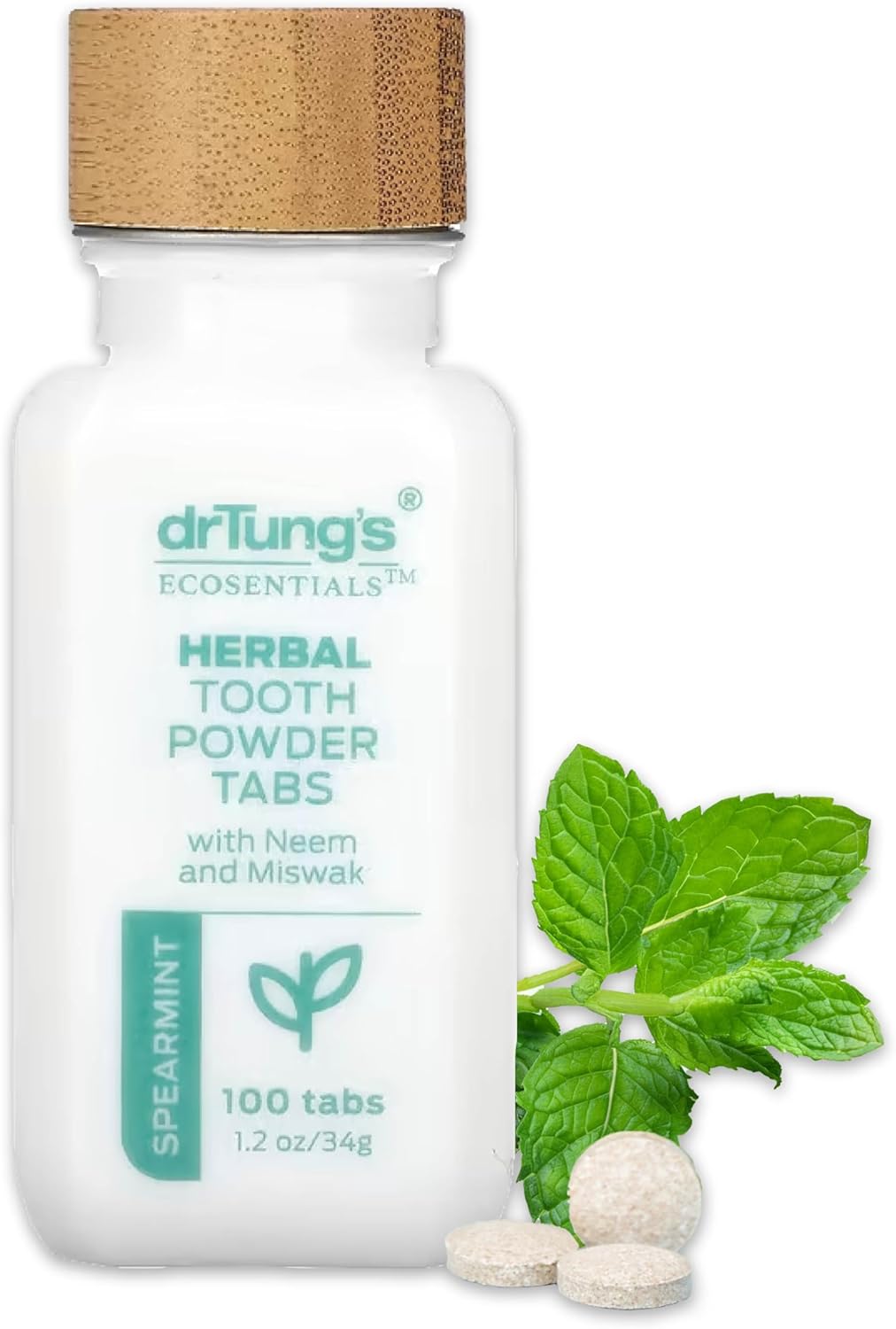 drTung's Herbal Toothpaste Tablets - Toothpaste Tabs for Dry Mouth Relief, Natural Tooth Powder Tablets for Fresh Breath, Fluoride Free, Travel Size, Vegan, Non-GMO - Spearmint (100 Tabs)