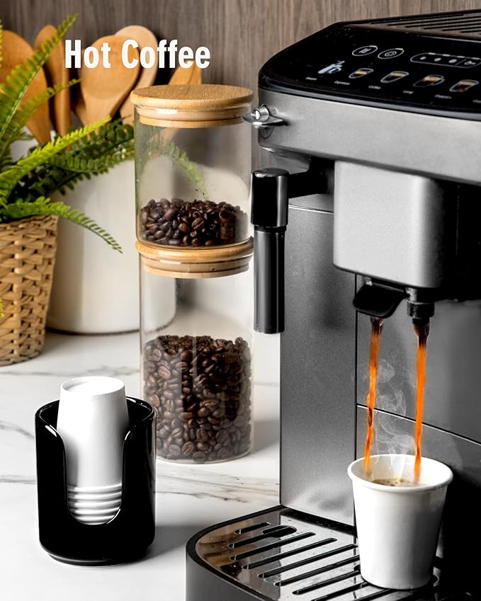 3 oz Original Ceramic Bathroom Cup Dispenser with 5 PLA Paper Cups, Bathroom Essential Accessories for Mouthwash Holder on Bathroom Vanity Countertops (1 Pack, Black)