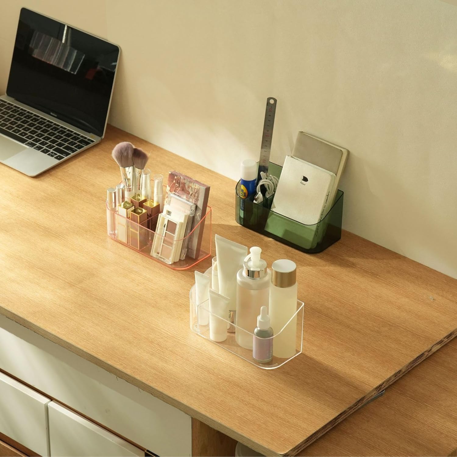 SUNFICON Makeup Tray Holder Organizer Cosmetic Display Case Tabletop Desktop Vanity Countertop Bathroom Wall Cabinet Medicine Storage Box 9 Dividers 2 Removable for Womens Ladies Girls Crystal Green