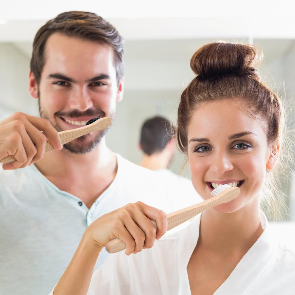 Bamboo Toothbrushes Medium Bristles for Adult, 10 Pack Family Bulk Toothbrushes Set Natural Organic Wooden Tooth Brush Charcoal Wood Handle Tooth Cleaning Brush Black White