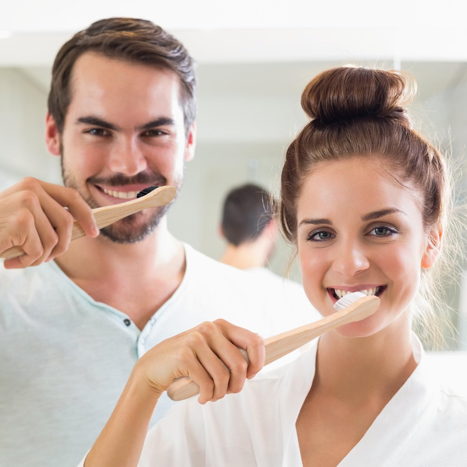 Bamboo Toothbrushes Medium Bristles for Adult, 10 Pack Family Bulk Toothbrushes Set Natural Organic Wooden Tooth Brush Charcoal Wood Handle Tooth Cleaning Brush Black White