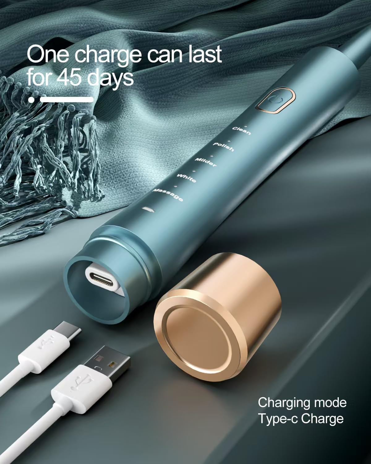 USB Rechargeable Sonic Electric Toothbrush for Adults, Powered Motor High Vibration Teeth & Gum Care, Soft Dupont Brush Heads, 2 Minutes Timer 5 Modes, Green