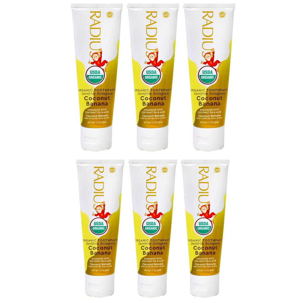 RADIUS USDA Organic Kids Toothpaste 3oz Non Toxic Chemical-Free Gluten-Free Designed to Improve Gum Health for Children's 6 Months and Up - Coconut Banana - Pack of 6