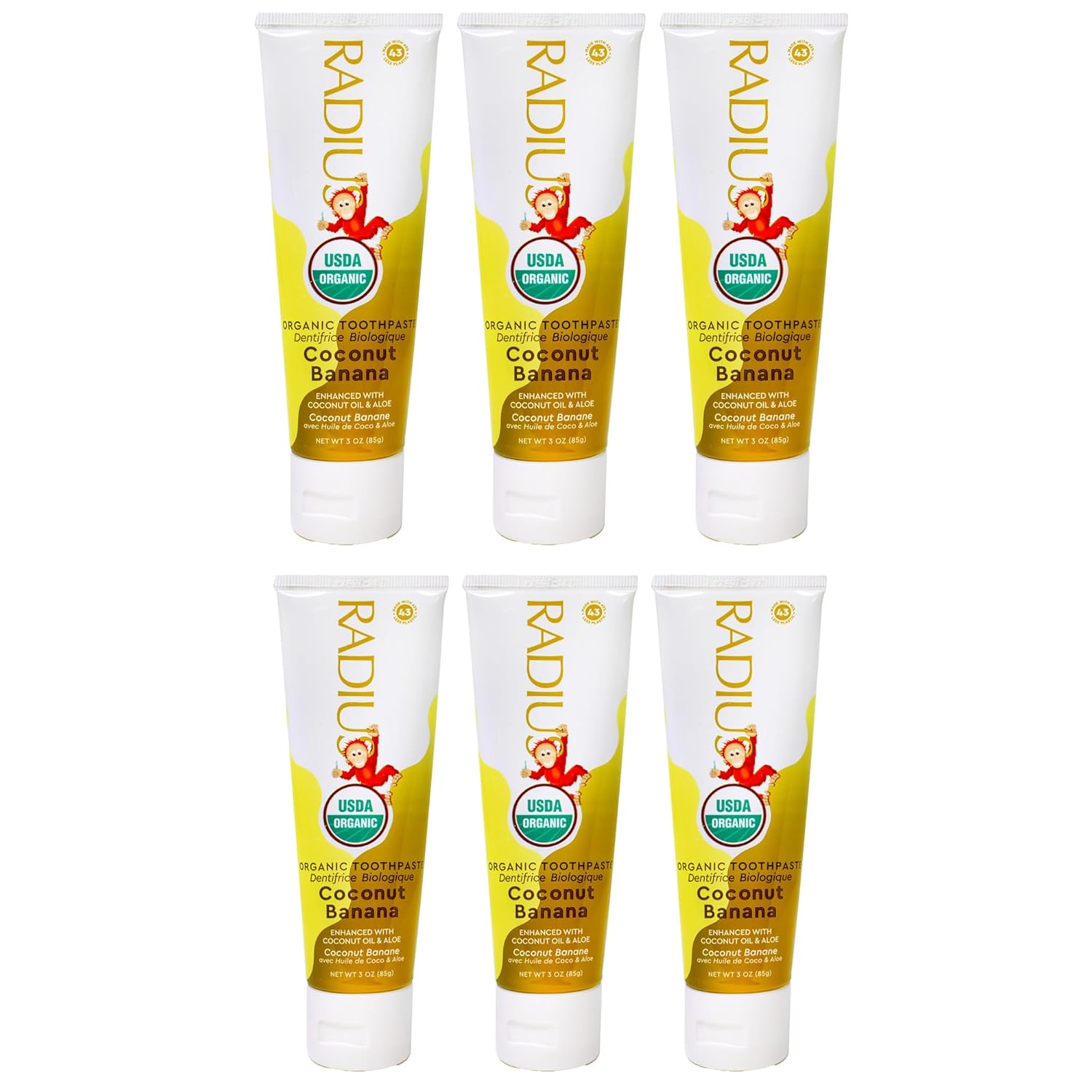 RADIUS USDA Organic Kids Toothpaste 3oz Non Toxic Chemical-Free Gluten-Free Designed to Improve Gum Health for Children's 6 Months and Up - Coconut Banana - Pack of 6
