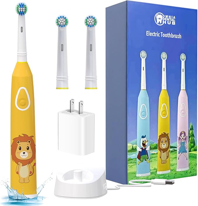 1 PC Rotating Kids Electric Toothbrush with 2 Brush Heads IPX7 by Omnia ONE | 3 Modes, Rechargeable 30 Days Battery Life, IPX7 Waterproof, USB Charger & Block Included, Fun & Effective Oral Care