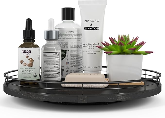 13" Oak Bathroom Vanity Tray Turntable for Perfume Candle, Round Wooden Decorative Tray for Kitchen Sink Countertop Organizer, Bathroom Counter Organizer for Skincare Makeup, Farmhouse Black Gold