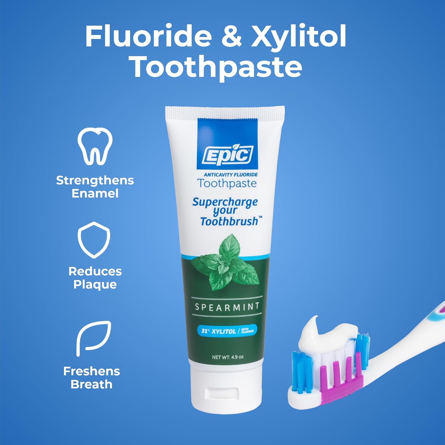 Epic Dental Xylitol Fluoride Toothpaste for Adults - SLS-Free Spearmint with 31% Xylitol - Oral Care for Dry Mouth, Fresh Breath & Enamel Health - Vegan, Gluten-Free - 4.9oz (2-Pack)