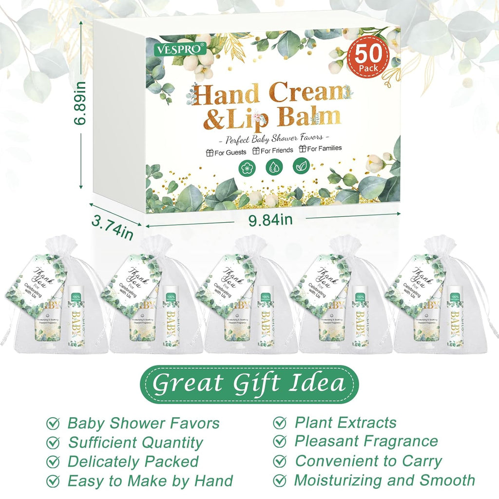 VESPRO 50 Pack Hand Cream Bulk and Lip Balm Bulk Gifts Sets, Baby Shower Favors and Bridal Shower Favors for Guests with Thank You Card and Organza Gift Bags, Thank You Gifts for Women (Oh Baby)