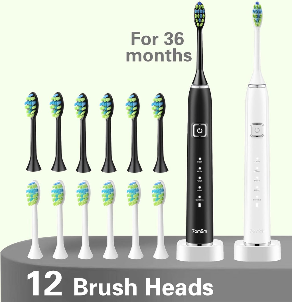 7AM2M Sonic Electric Toothbrush with 6 Brush Heads for Adults and Kids, One Charge for 90 Days, Wireless Fast Charge, 5 Modes with 2 Minutes Built in Smart Timer, Electric Toothbrushes (Black&White)