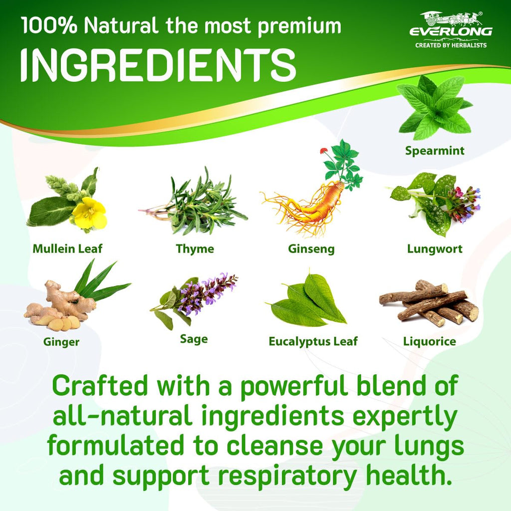 EVERLONG Lung Detox Tea – Mullein Tea with Thyme, Ginseng, Lungwort, Eucalyptus, Liquorice, Spearmint and Sage for Lung Cleanse and Respiratory Health – 14 Herbal Tea Bags, All Natural, Caffeine-Free